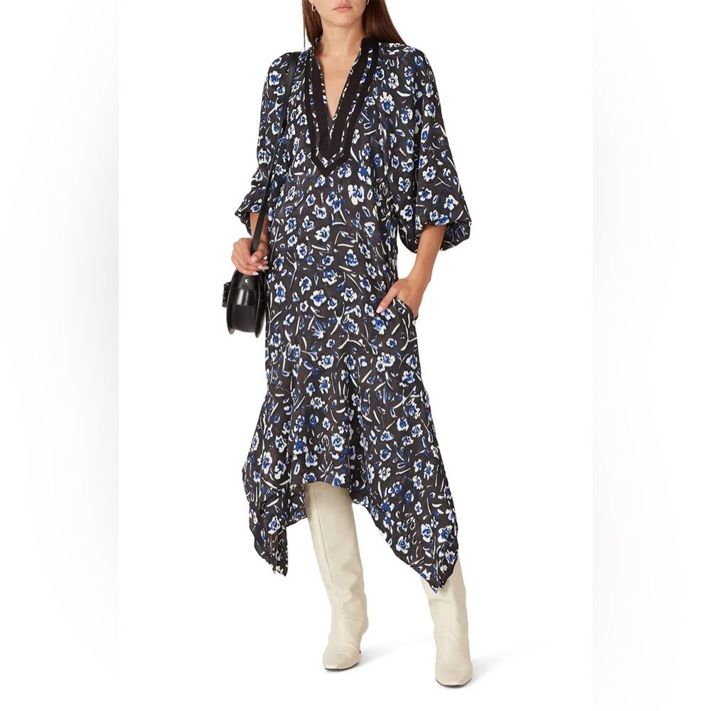 Tory Burch Puff Sleeve Handkerchief Floral Tunic Asymmetric Midi Dress Small